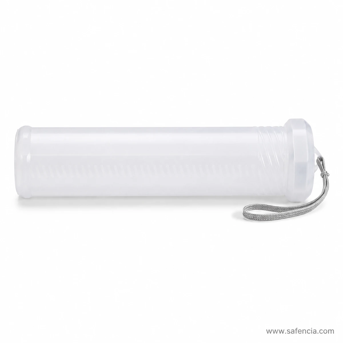 Clear brush tube holder lying flat showing the threaded screw cap end