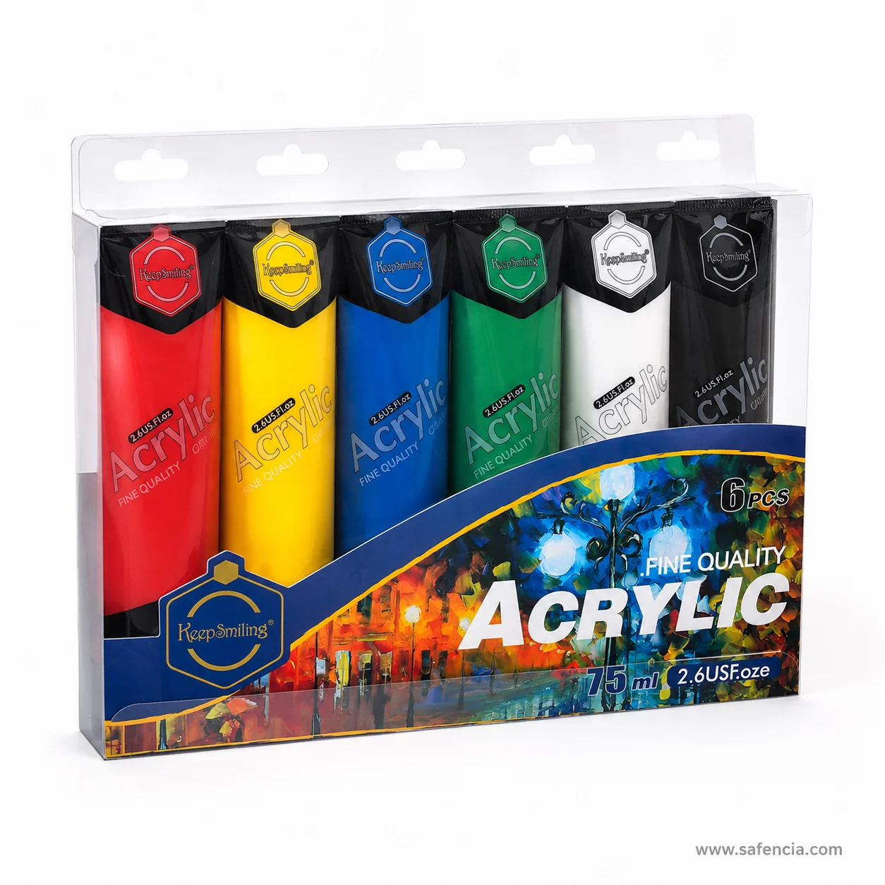 Keep Smiling acrylic 75ml six-tube pack angled to show the hanging tabs above each tube