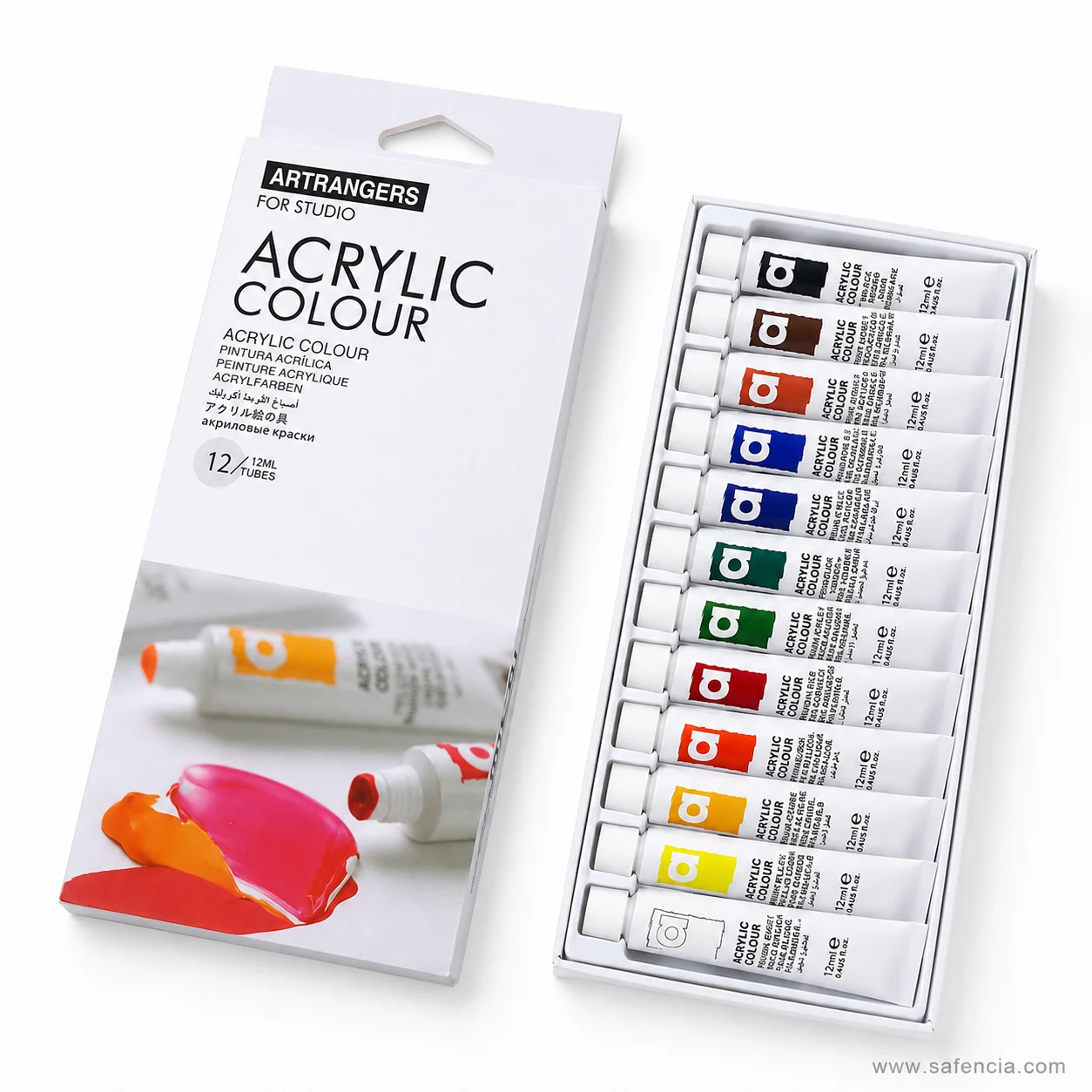 Art Rangers For Studio acrylic box standing behind the full tray of twelve colour tubes