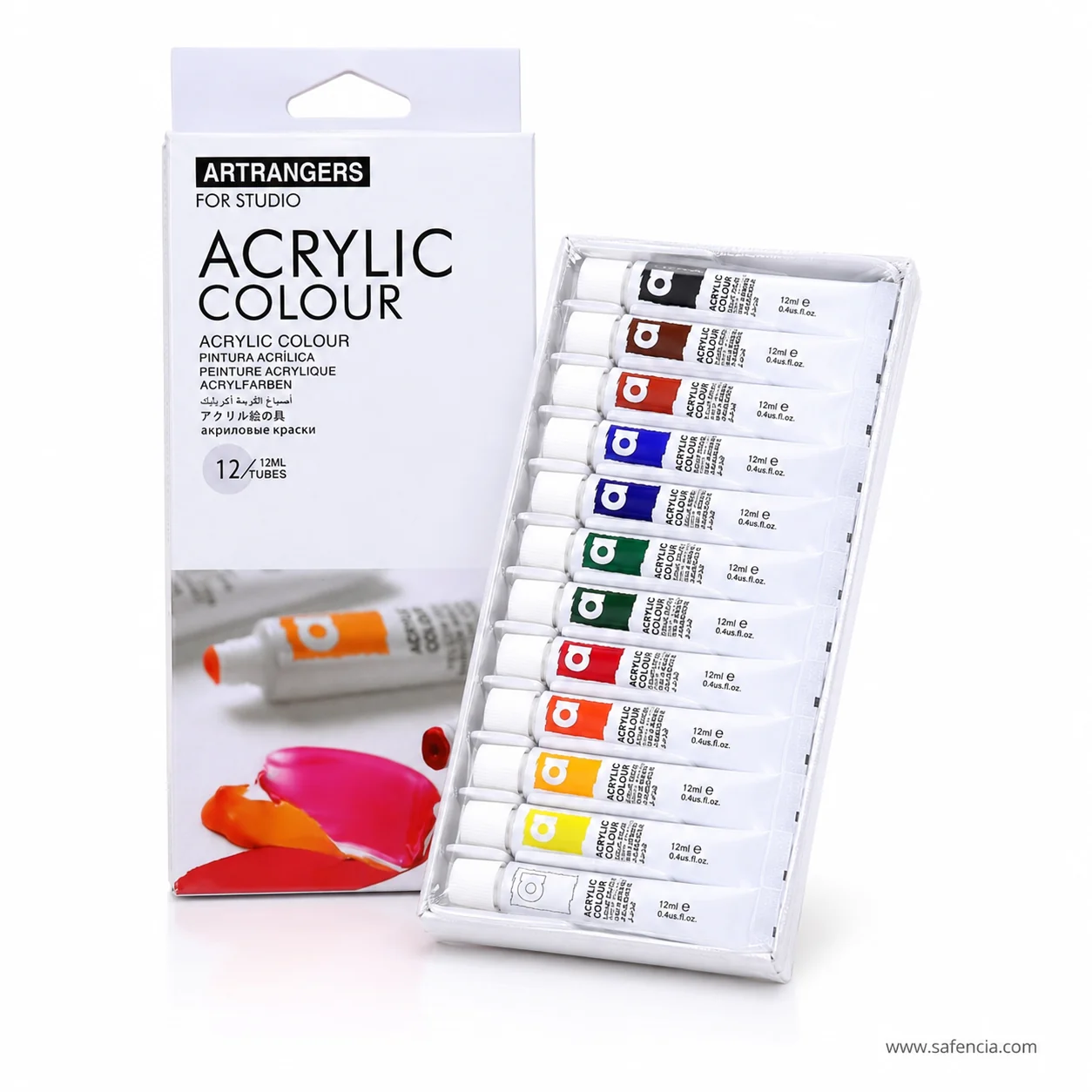 Art Rangers acrylic colour tray angled to show all twelve 12 ml tubes with their colour swatch labels