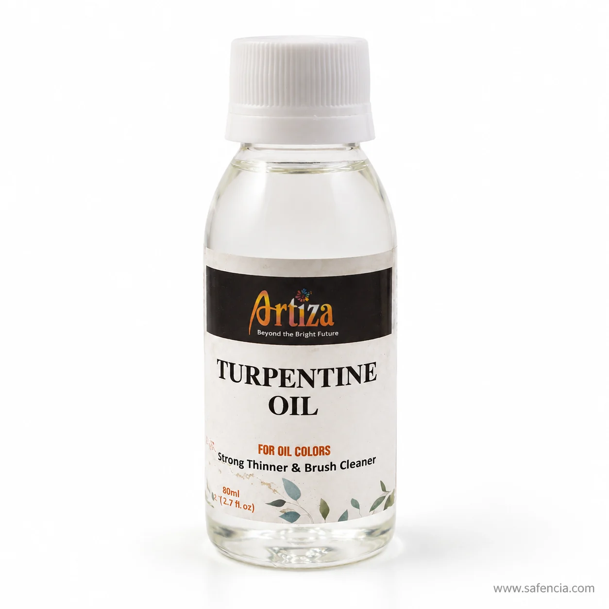 Artiza turpentine bottle turned to show the clear solvent above the label and the ribbed cap