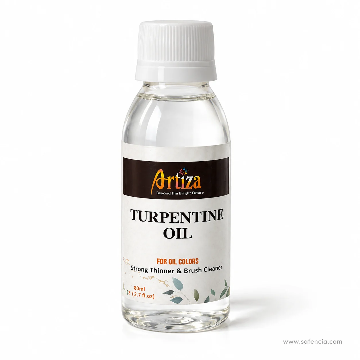 Close view of the Artiza label reading Strong Thinner and Brush Cleaner above the 80ml volume