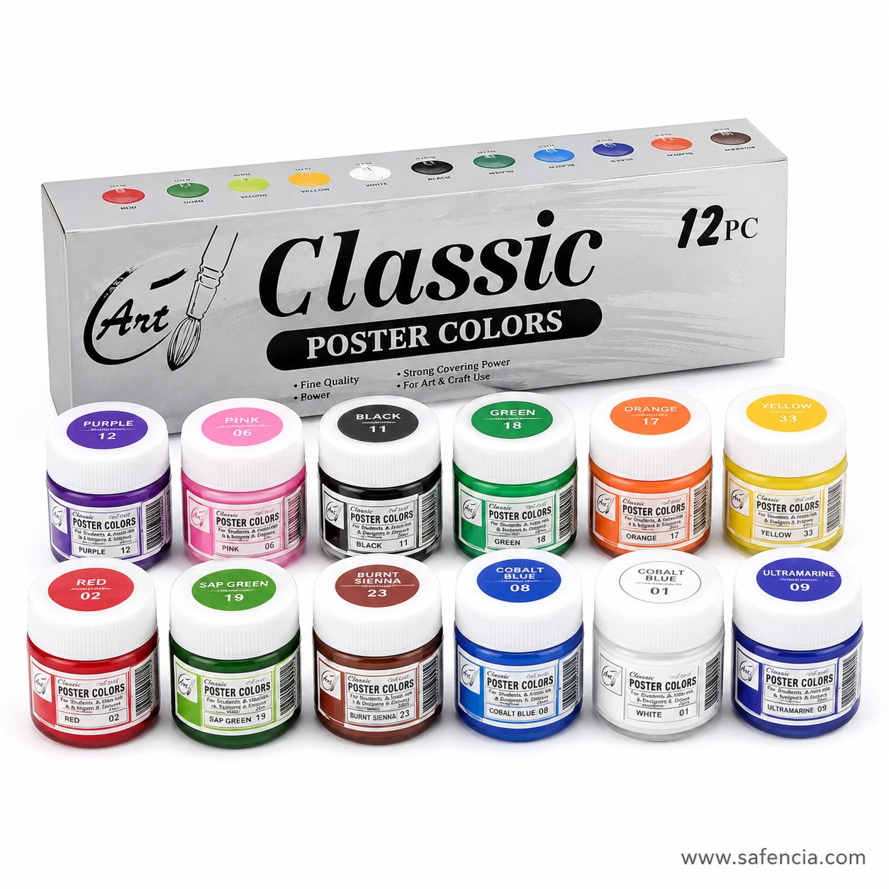 Classic Poster Colours box back panel reading Fine Quality and Strong Covering Power beside the jars