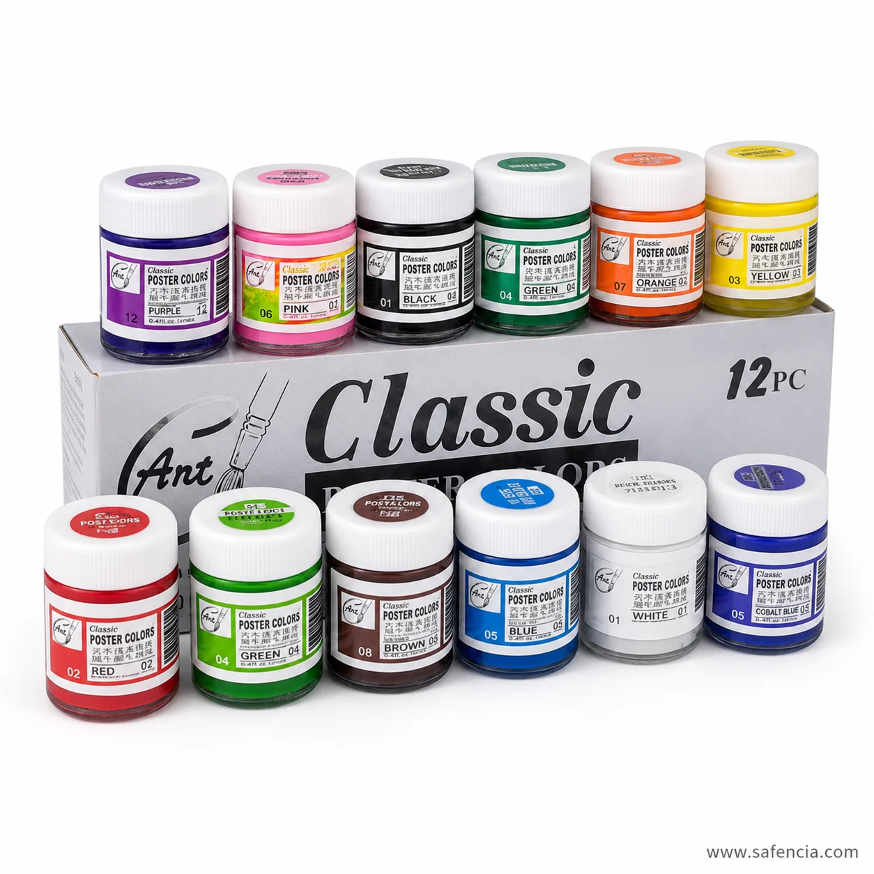 Twelve Classic poster colour jars arranged on top of and around the printed set box