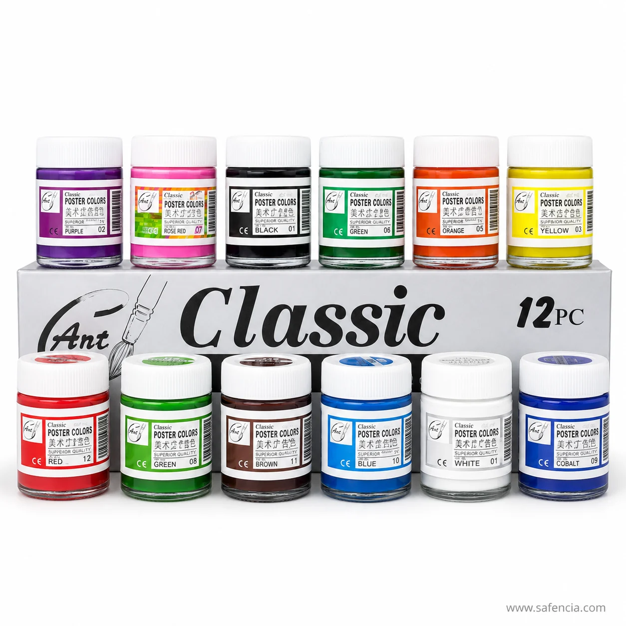 Classic poster colour jars stacked in two rows around the set box with shade names visible