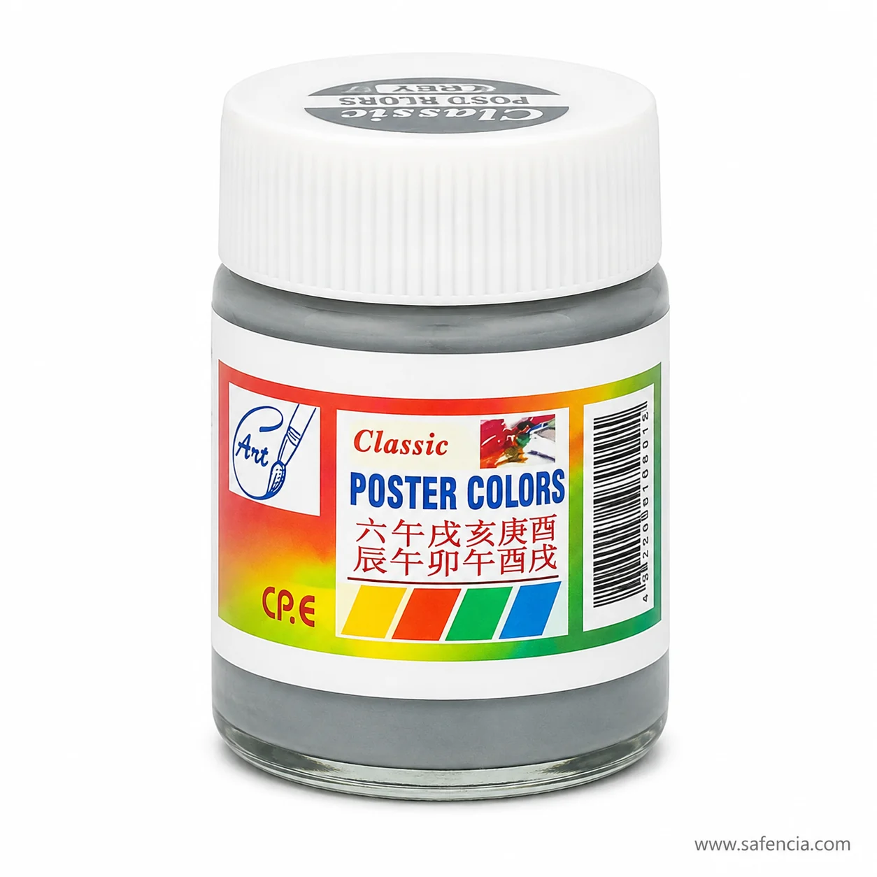 Classic Poster Colours 30 ml jar of Grey carrying the generic rainbow label with GREY on the cap
