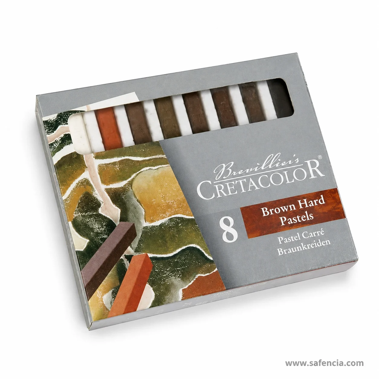 Close view of the eight Cretacolor brown hard pastel sticks seated in the box window with paper wraps