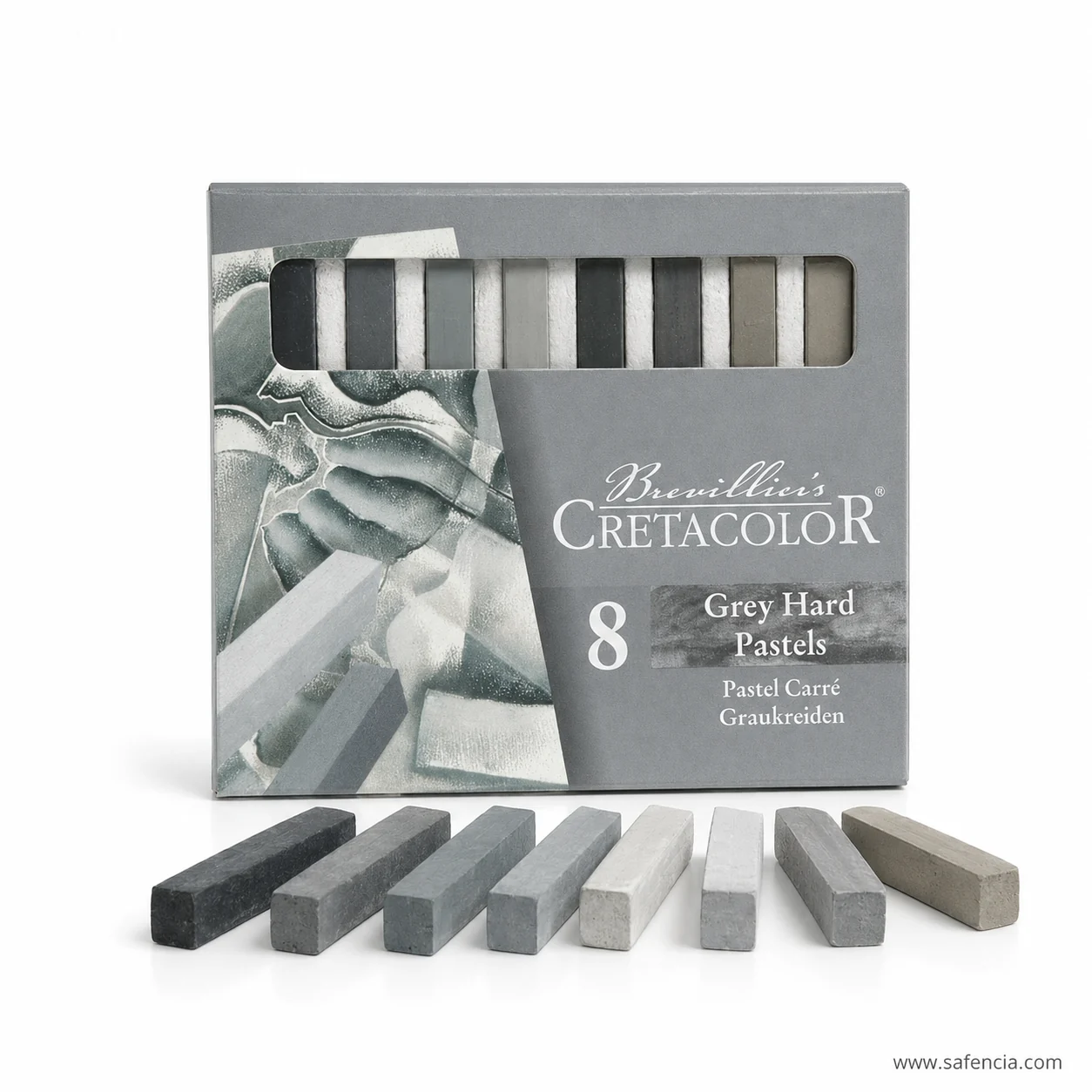 All eight Cretacolor grey hard pastel sticks laid out unwrapped in order from dark to light