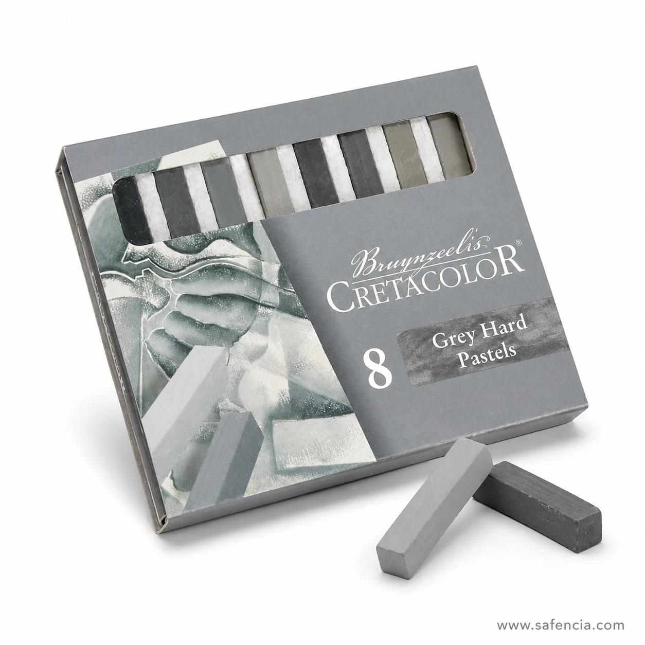 Cretacolor Grey Hard Pastels box angled with two loose square sticks leaning against it