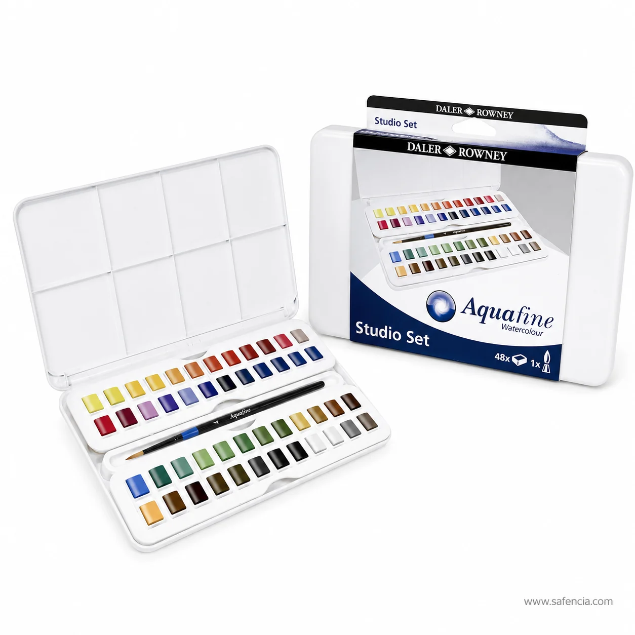 Aquafine Studio Set sleeve front reading Studio Set 48x pans 1x brush beside the open white tin