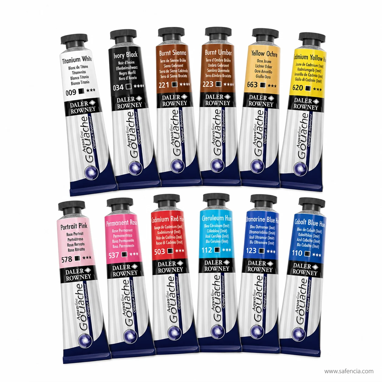 Close view of Aquafine gouache tubes showing catalogue numbers and star permanence ratings