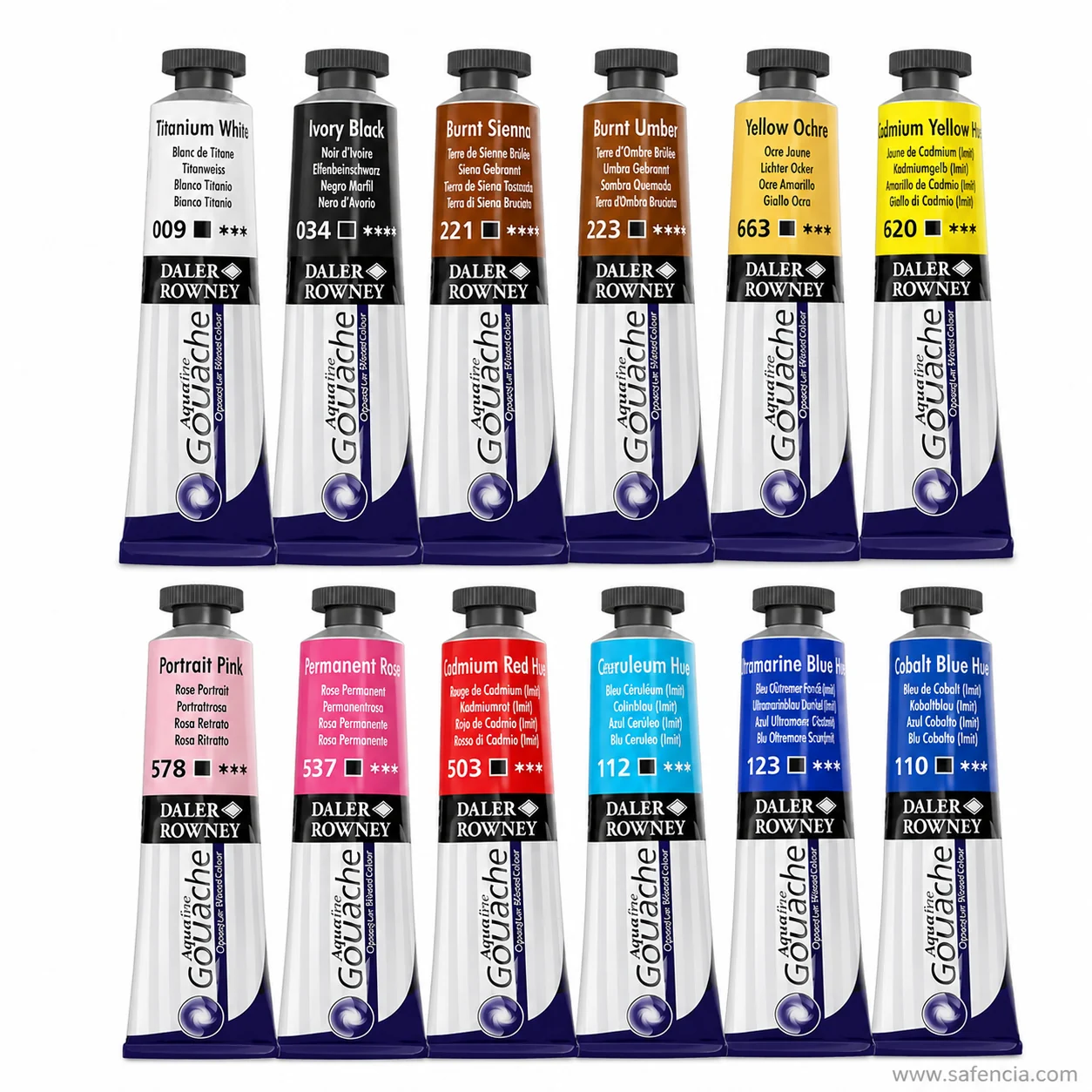 Twelve Aquafine gouache tubes in two rows showing Titanium White through Cobalt Blue Hue