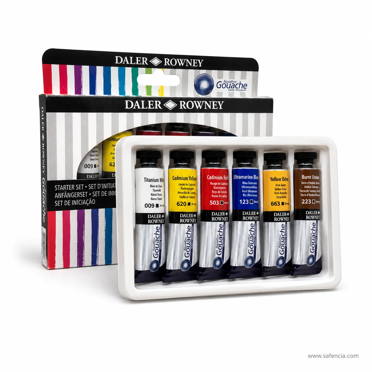 Aquafine gouache starter tray lifted clear of the printed STARTER SET box sleeve