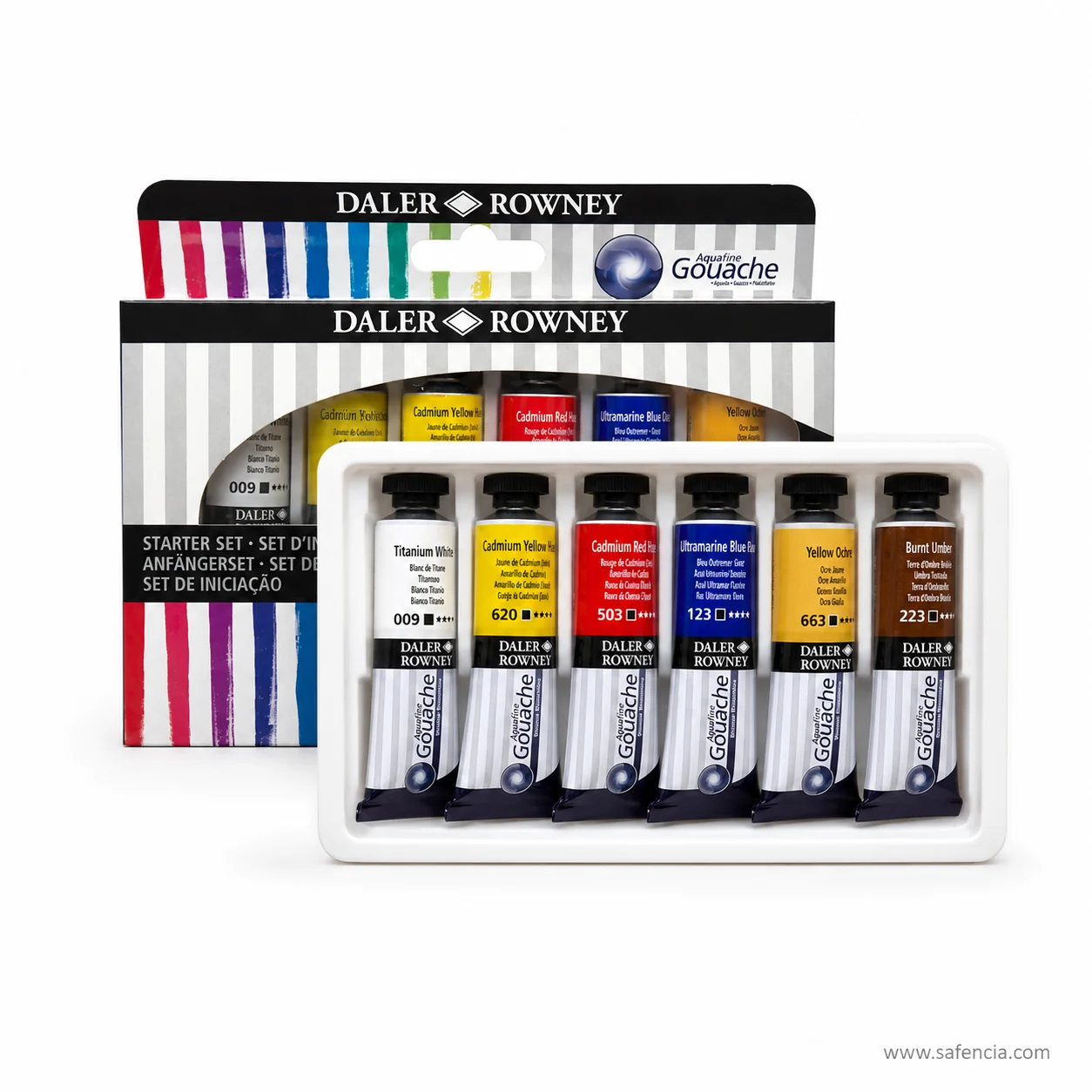 Six Aquafine gouache tubes with Titanium White Cadmium Yellow and Ultramarine names readable