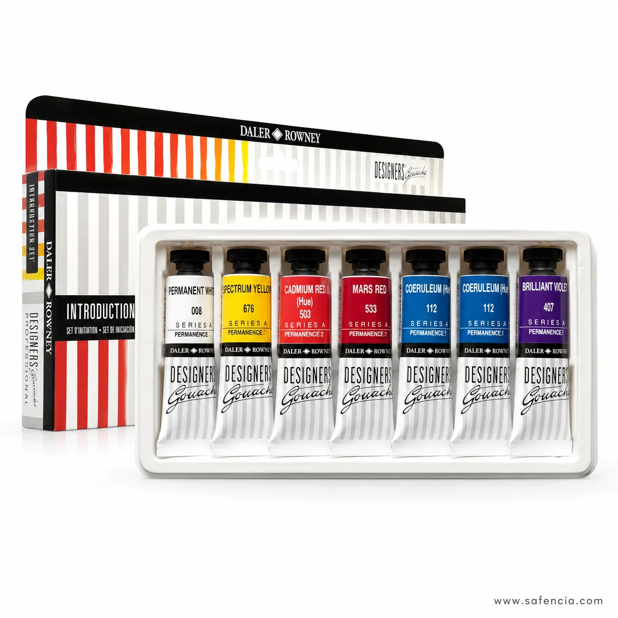 Designers' Gouache tubes in the moulded tray lifted clear of the printed box sleeve