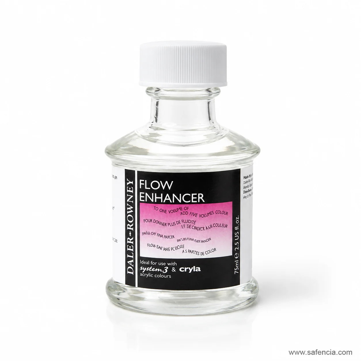 Flow Enhancer bottle showing the water-clear liquid inside and the 75ml volume marking