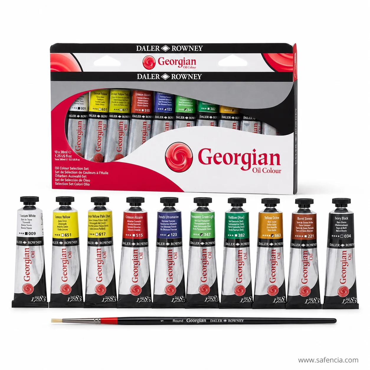 Angled view of the Georgian Oil Colour carton with its ten tubes and brush arranged in front