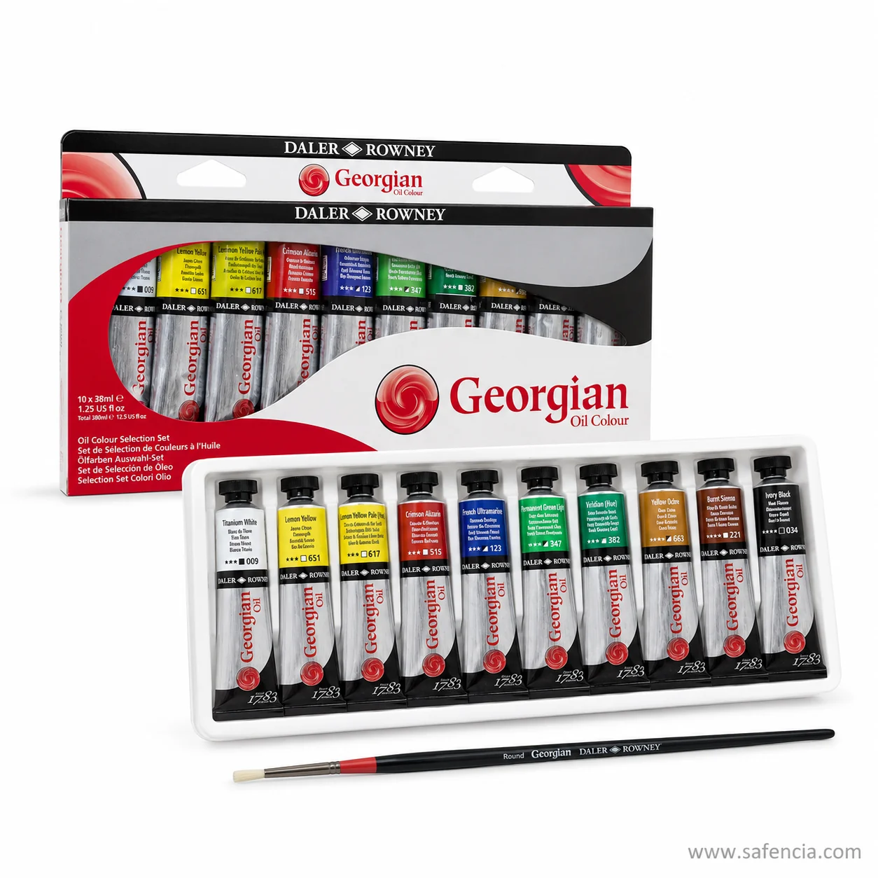 Georgian oil colour tubes seated in their white tray with the Round brush resting alongside them