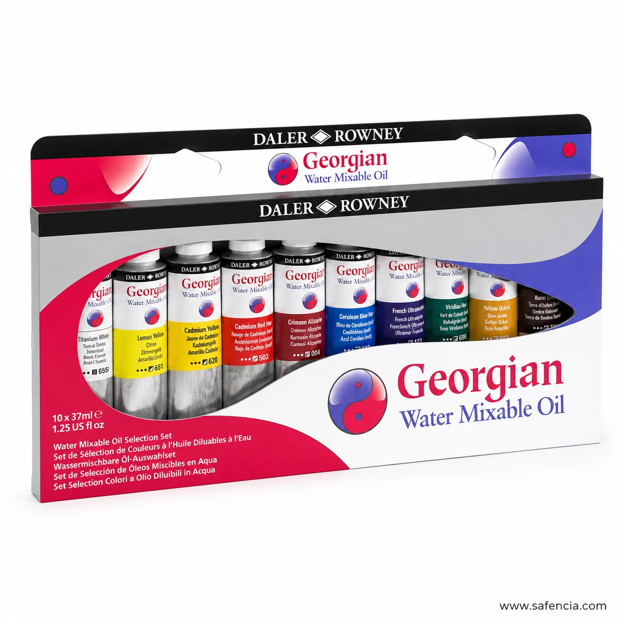Front of the Georgian Water Mixable Oil carton printed 10 x 37ml and 1.25 US fl oz
