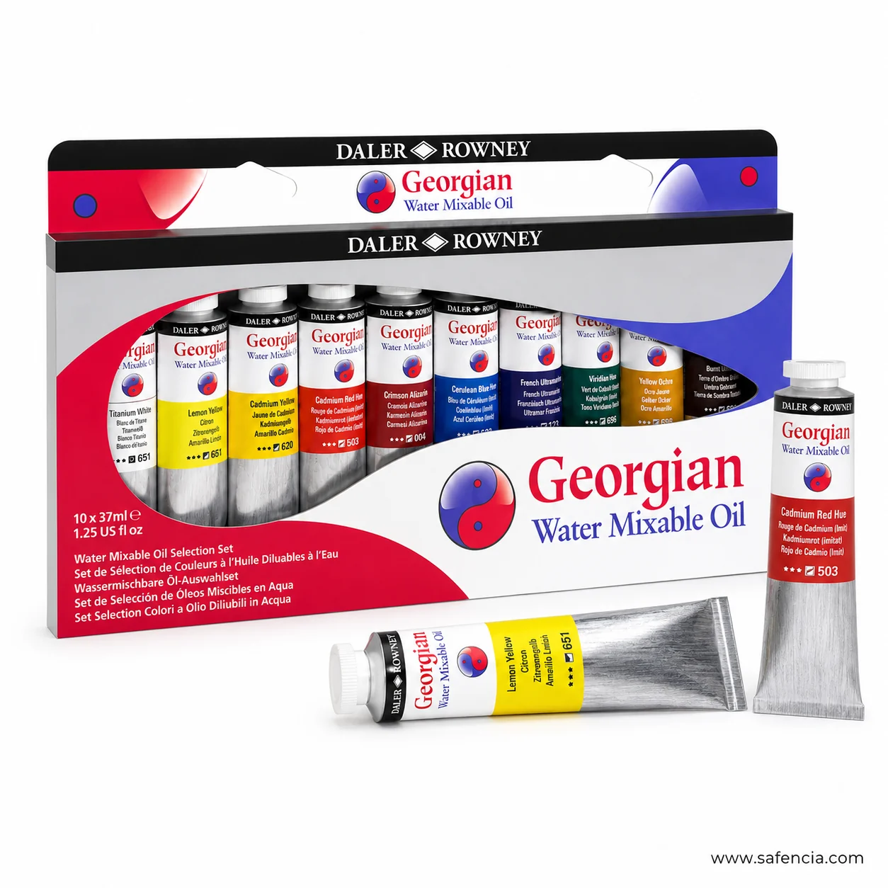 Georgian Water Mixable Oil carton standing behind two loose 37ml tubes taken out of the tray