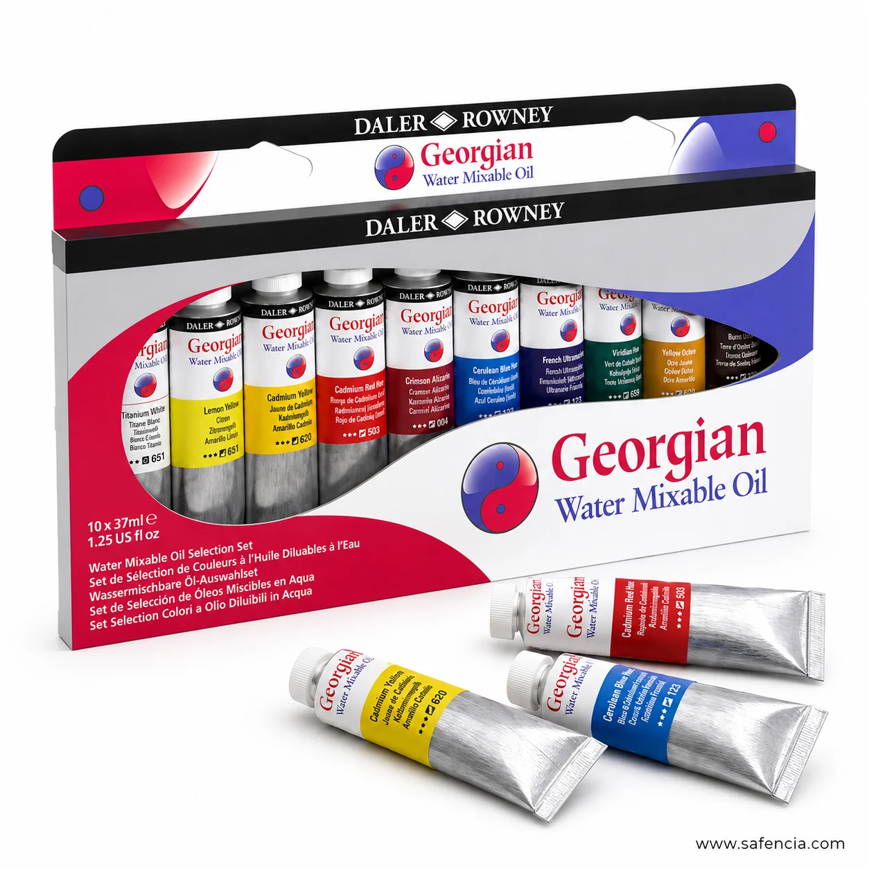 Loose Georgian water mixable oil tubes showing the Cadmium Yellow Crimson and Cerulean Blue labels