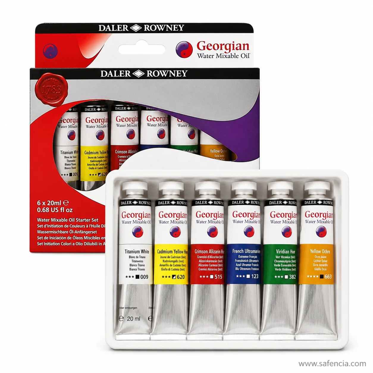 Front of the Georgian Water Mixable Oil Starter Set carton printed 6 x 20ml and 0.68 US fl oz