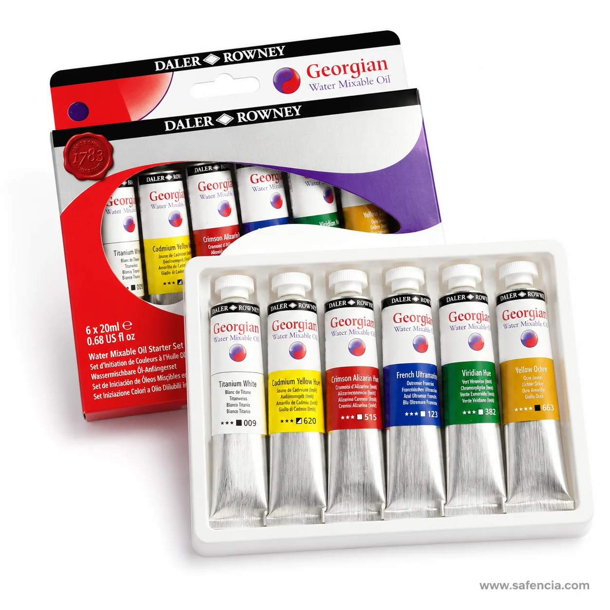 Six Georgian water mixable oil tubes showing shade names and colour codes such as 009 and 620