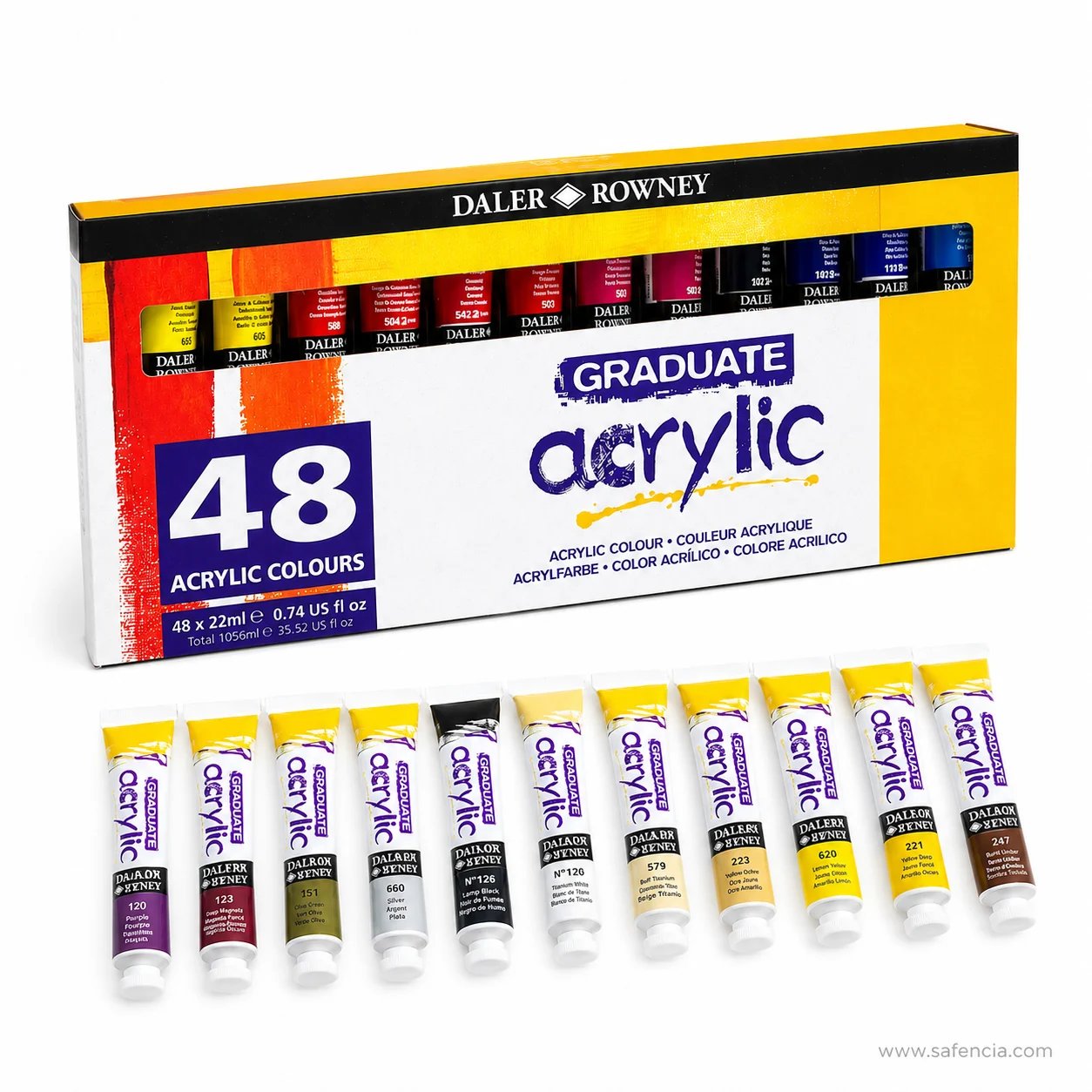 Daler-Rowney Graduate 48 box with eleven 22 ml tubes fanned below showing their colour code numbers