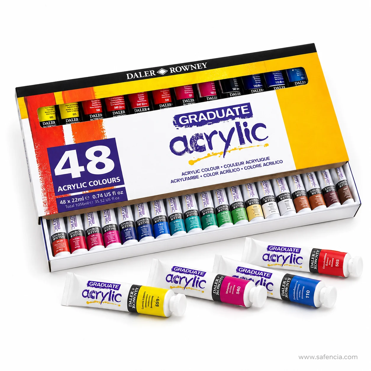 Open Daler-Rowney Graduate 48 colour box showing all forty-eight tubes seated in one long tray