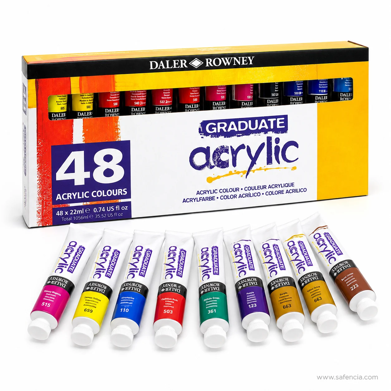Row of Daler-Rowney Graduate 22 ml acrylic tubes in magenta yellow blue red green purple and brown