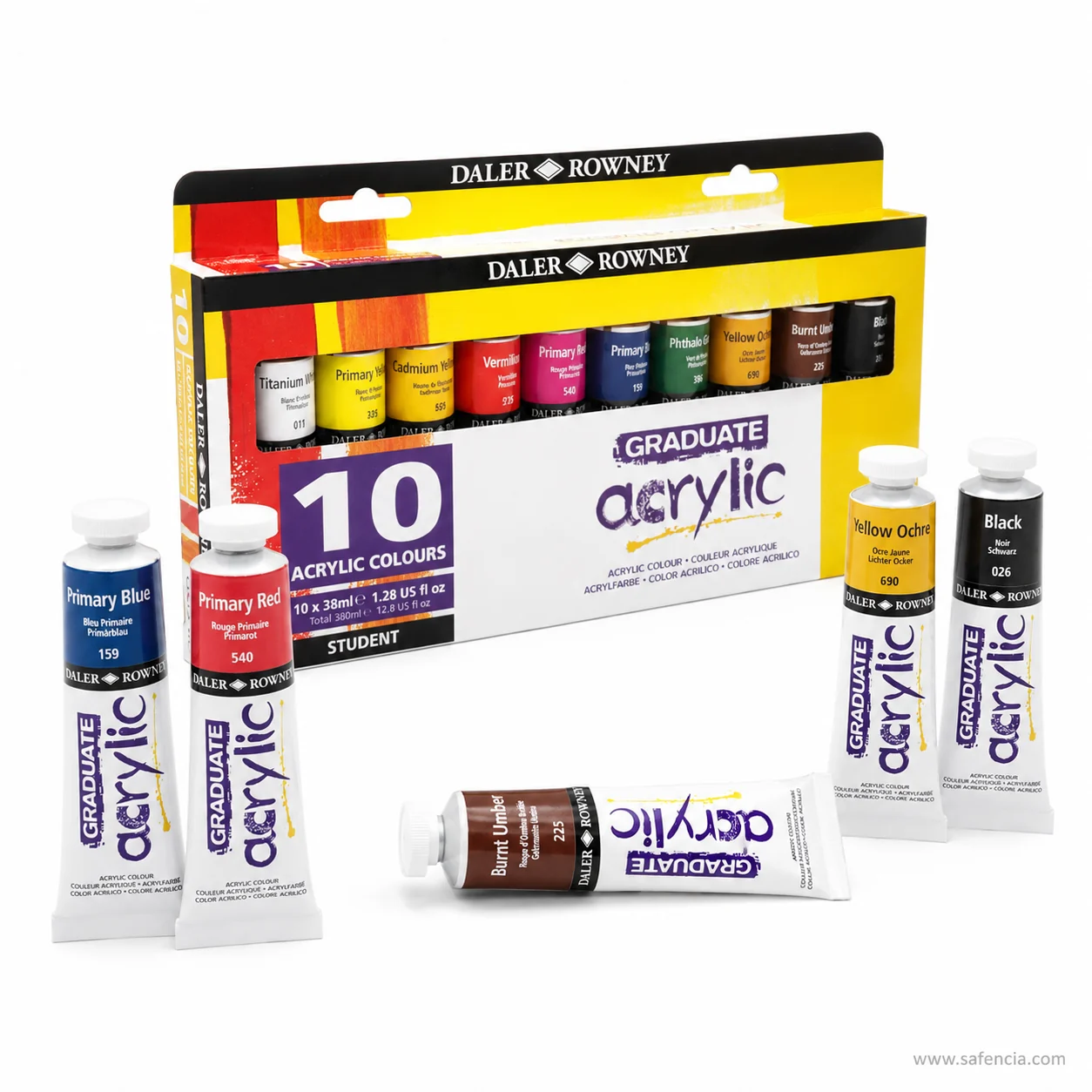 Daler-Rowney Graduate 38 ml tubes labelled Primary Blue Primary Red Burnt Umber Yellow Ochre and Black