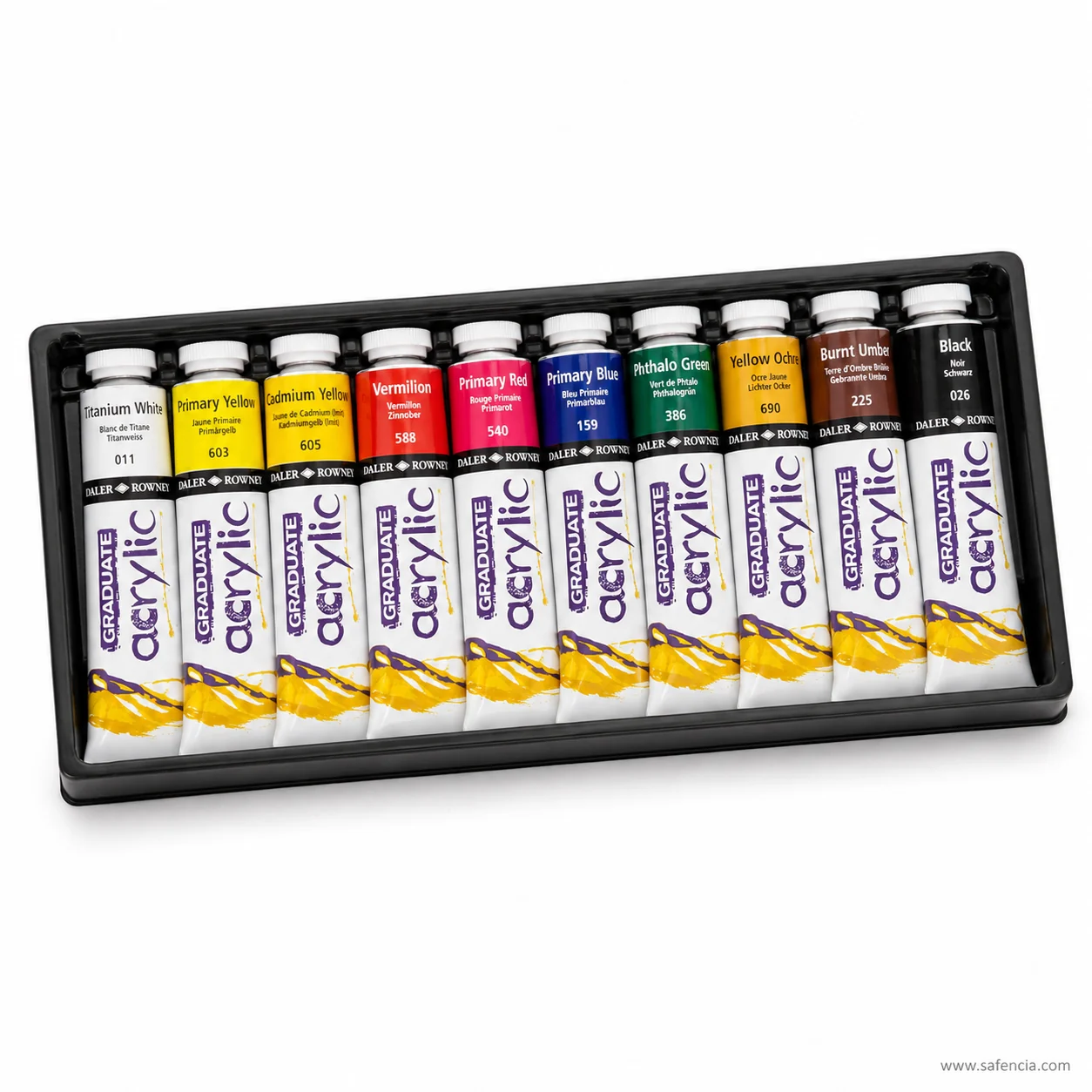 Open black tray holding all ten Daler-Rowney Graduate 38 ml tubes with their colour names showing