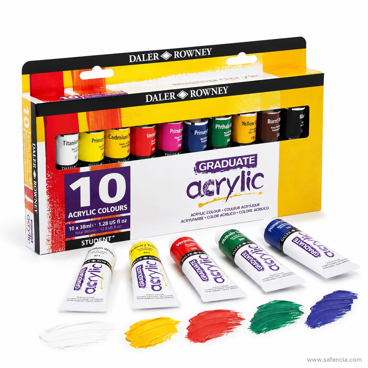 Daler-Rowney Graduate 10 colour box with five tubes above brushed swatches of white yellow red green and blue