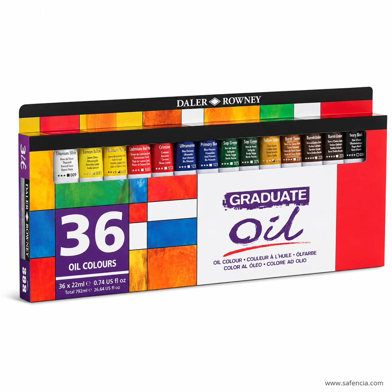 Angled view of the Daler-Rowney Graduate Oil 36 carton showing its depth and the purple 36 panel