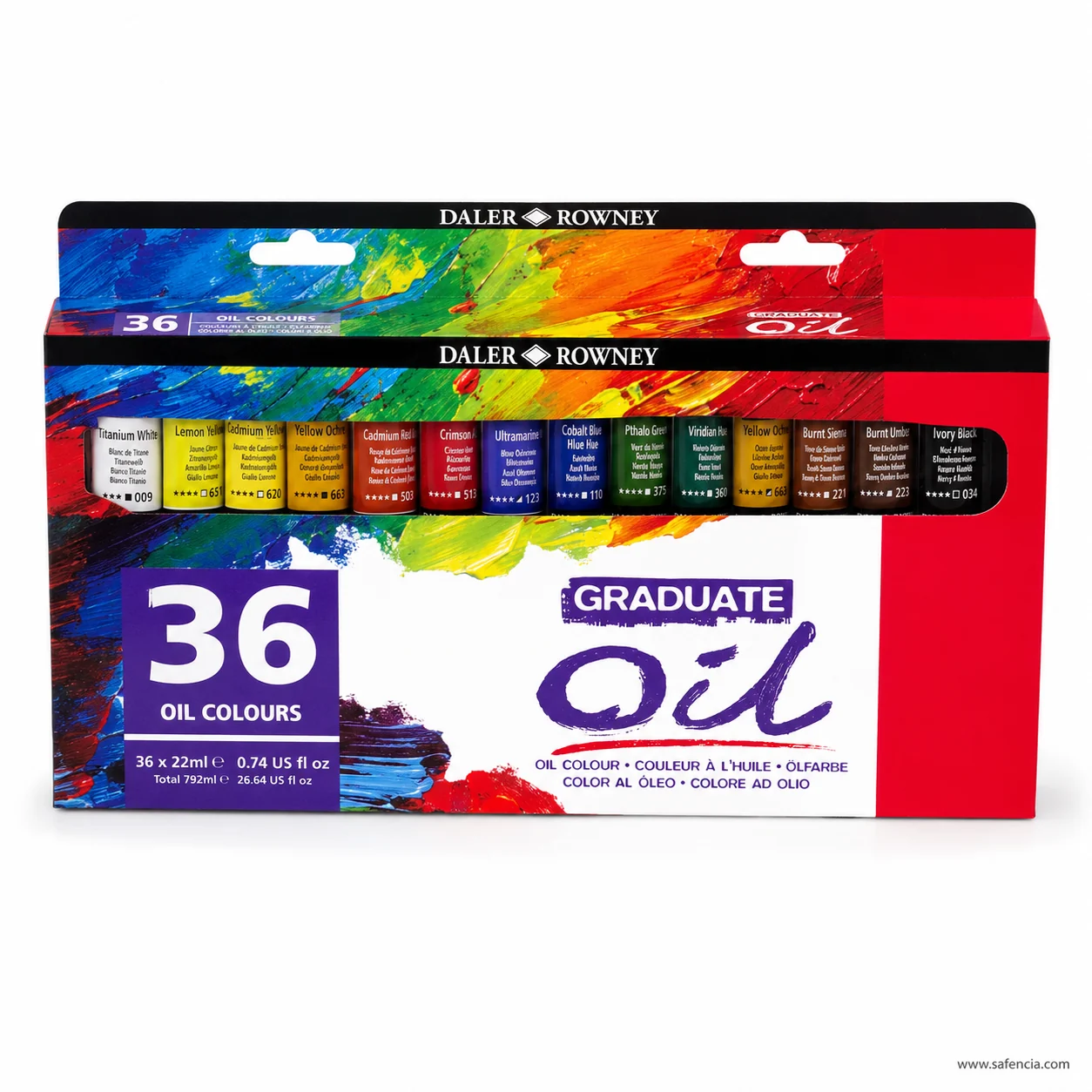 Graduate Oil 36 carton photographed to show the window listing every tube's printed shade name