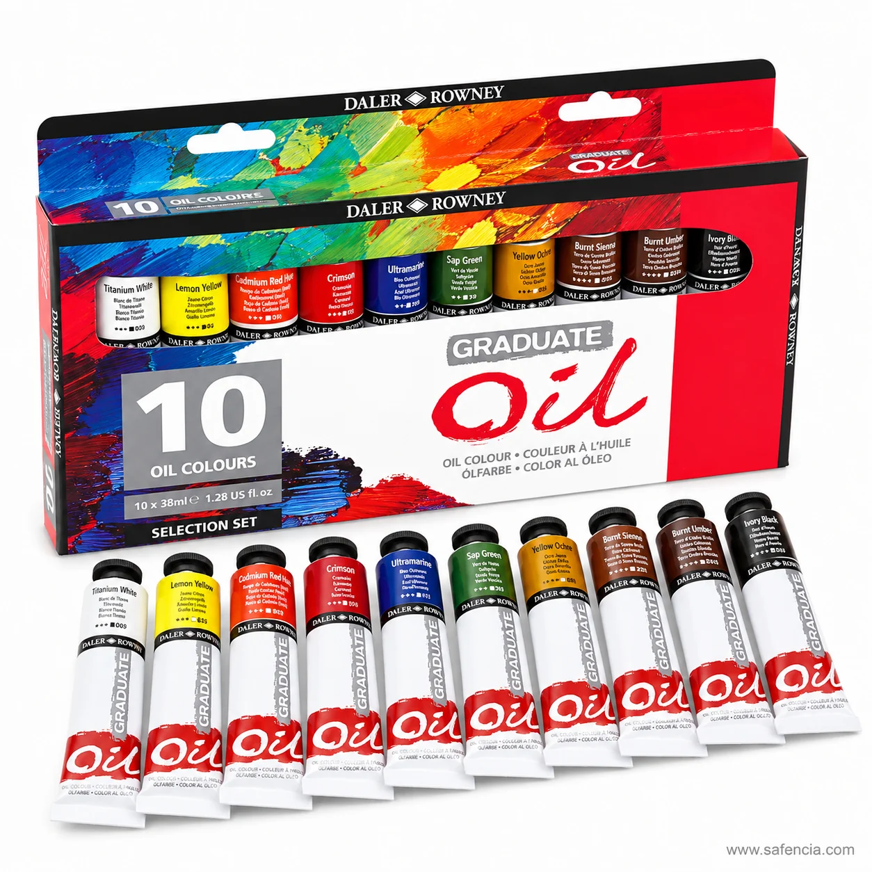 Front of the Daler-Rowney Graduate Oil carton printed 10 OIL COLOURS and 10 x 38ml with the shade window