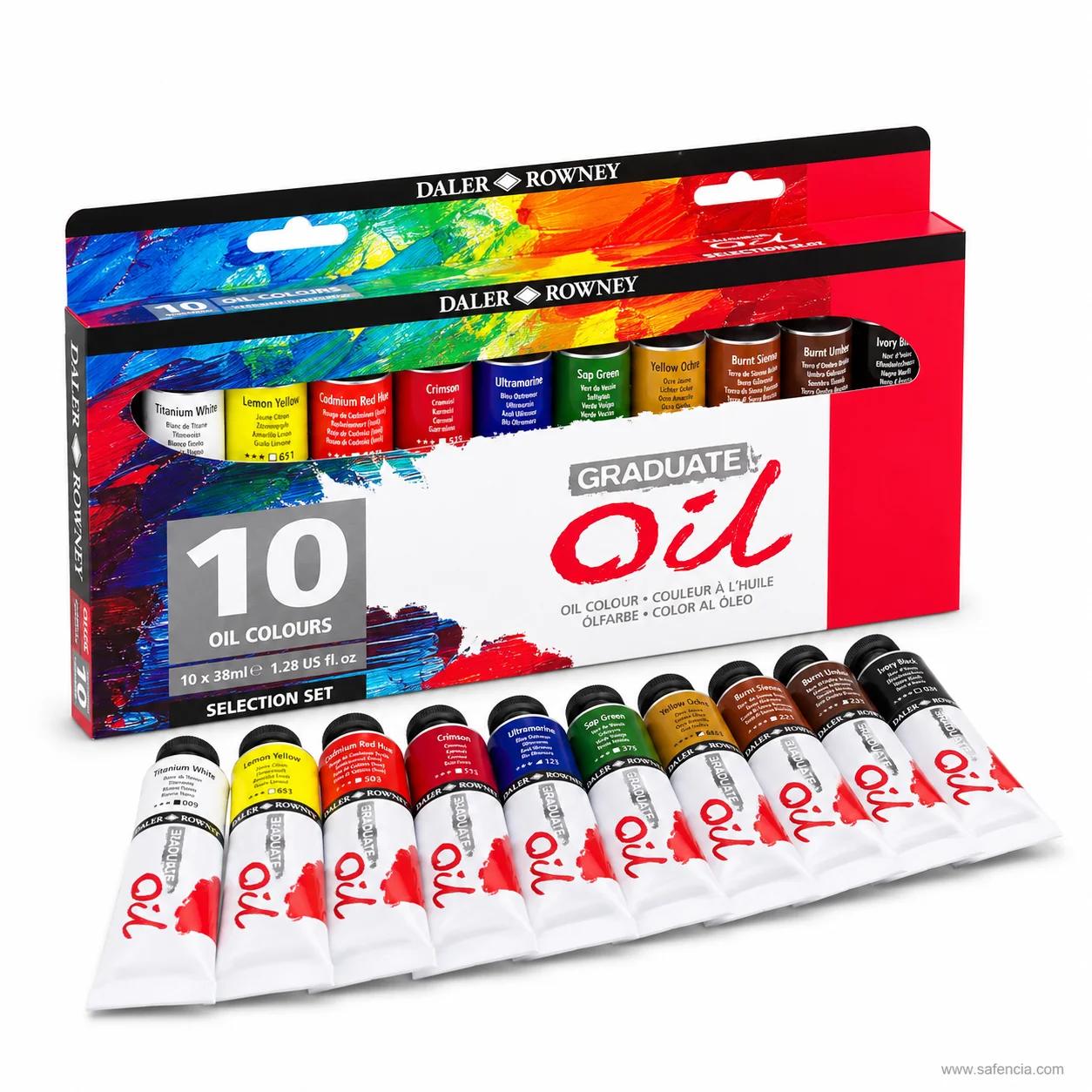 Ten white Daler-Rowney Graduate oil tubes fanned out in front of the carton showing their labels