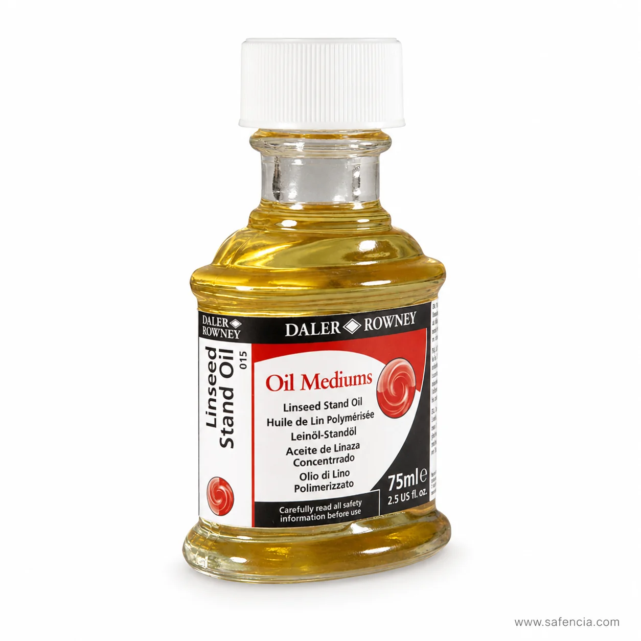 Close view of the linseed stand oil label showing the code 015 and the 75ml volume line