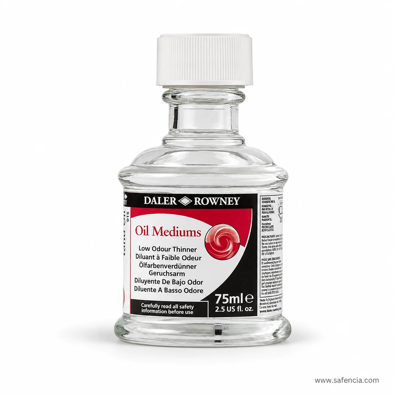 Close view of the low odour thinner label showing the 75ml volume and the safety information line
