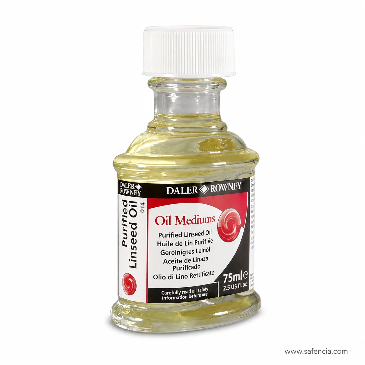 Close view of the purified linseed oil label showing the code 014 and the 75ml volume line