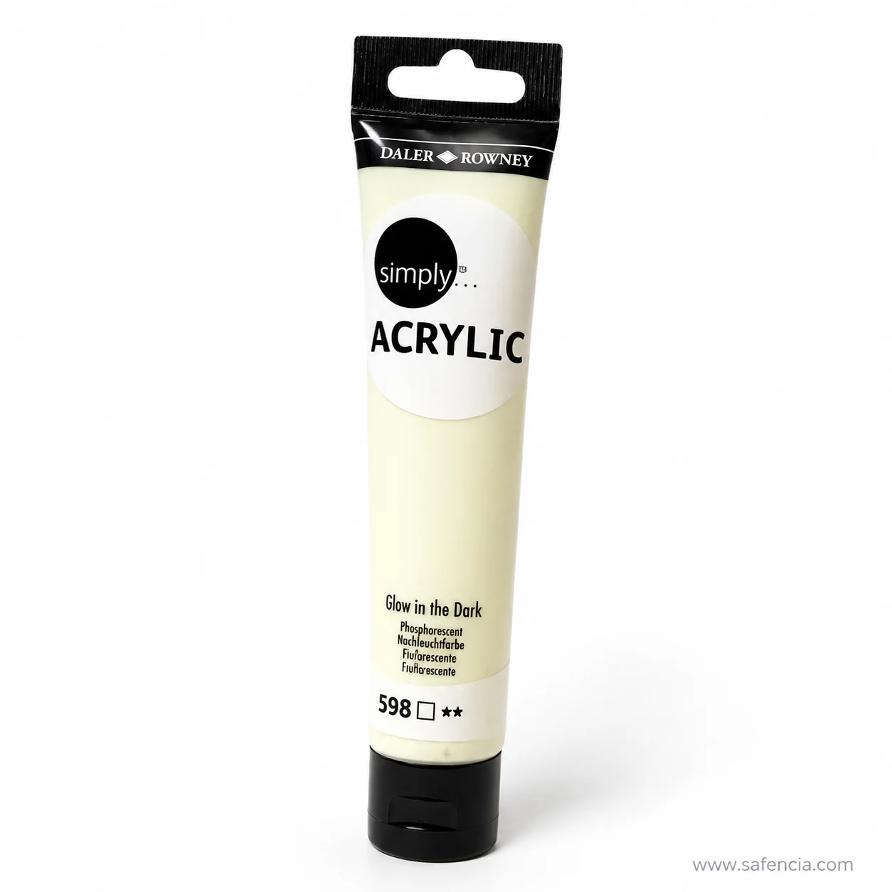 Daler-Rowney Simply Acrylic Glow in the Dark tube standing upright on its black cap
