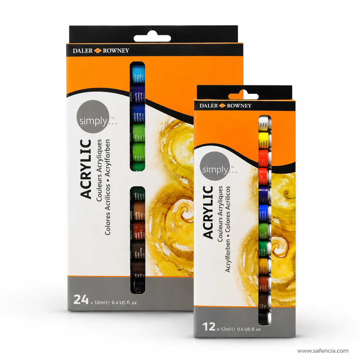 Daler-Rowney Simply Acrylic 24 and 12 colour cartons angled to show their hanging tabs