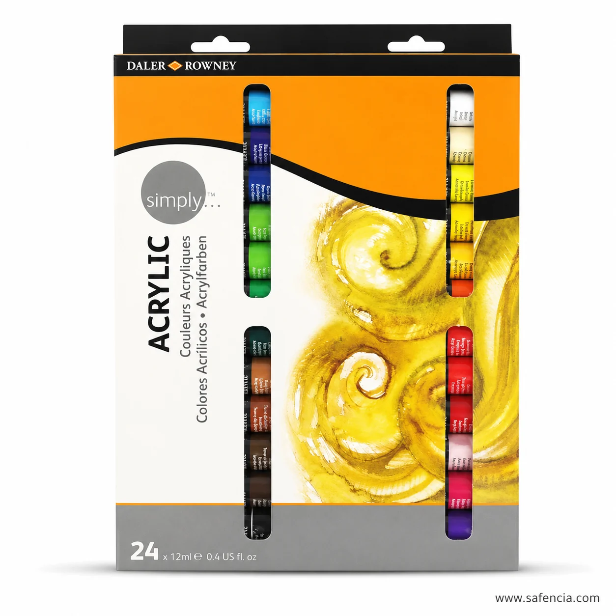Daler-Rowney Simply Acrylic 24 colour orange carton with two clear strips of 12 ml tubes