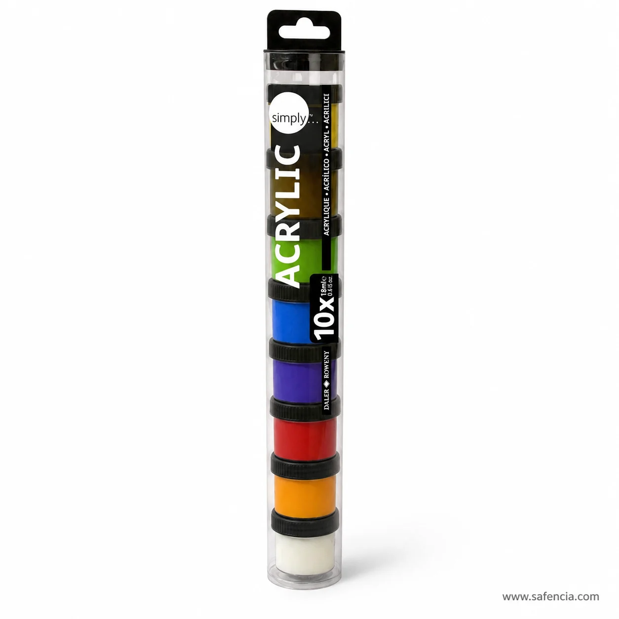 Clear cylinder of Daler-Rowney Simply acrylic pots showing white yellow orange red blue and green paint