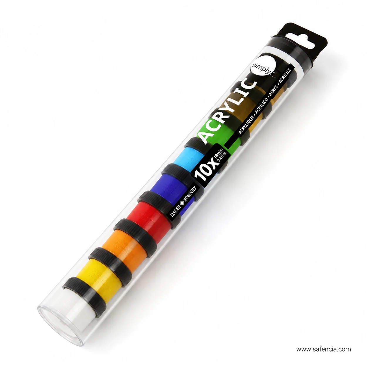 Daler-Rowney Simply Acrylic pot cylinder lying at an angle showing the stacked colours and hanging tab