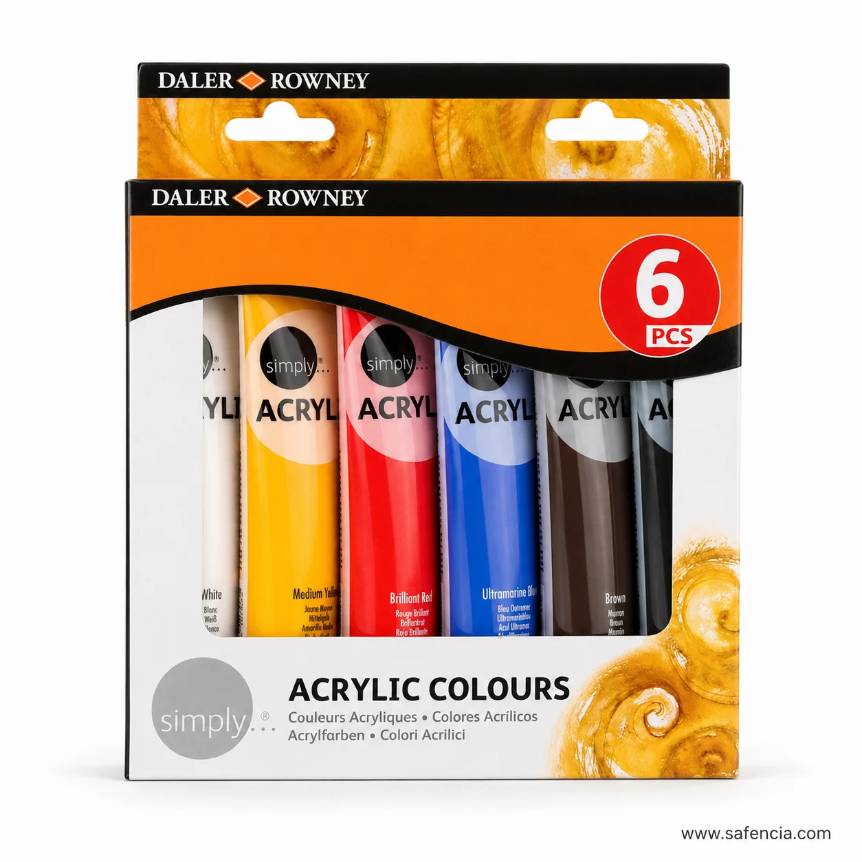 Daler-Rowney Simply Acrylic 6 pack carton angled to show the hanging tab and the six large tubes