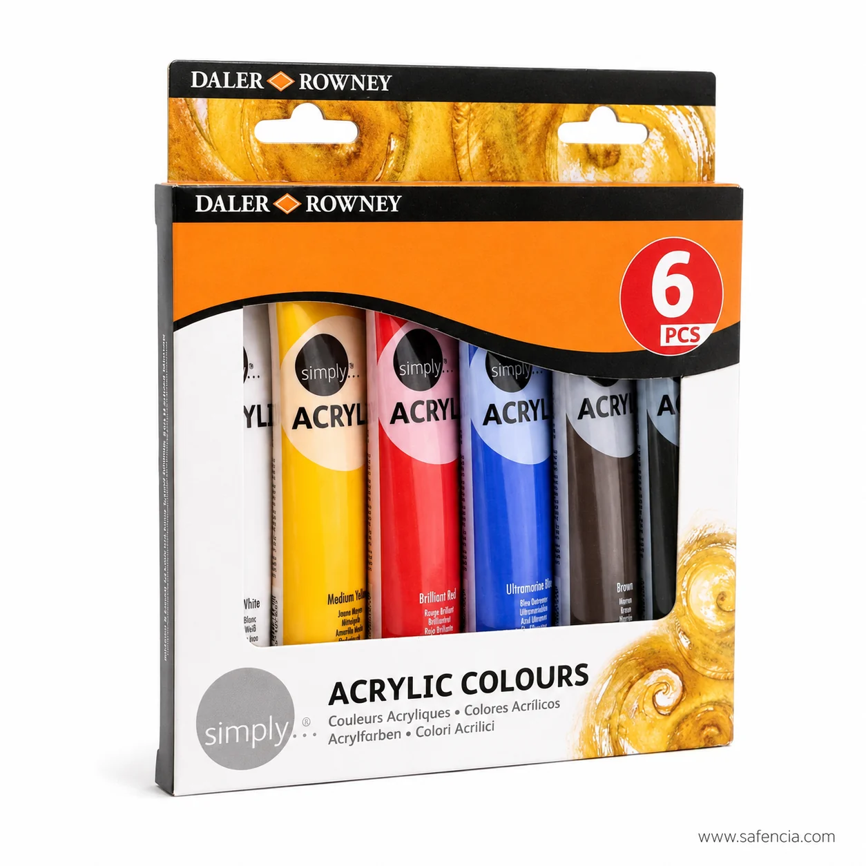 Front panel of the Daler-Rowney Simply Acrylic pack printed ACRYLIC COLOURS in four languages