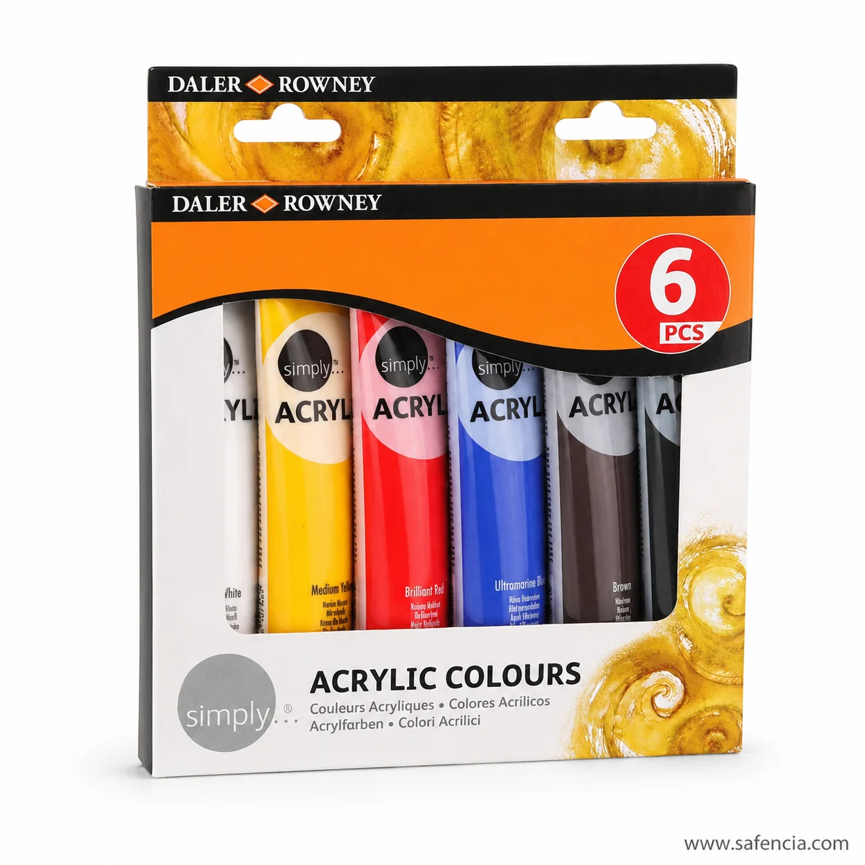 Close view of the Daler-Rowney Simply Acrylic tubes showing Medium Yellow Brilliant Red and Ultramarine Blue