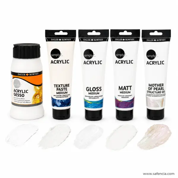 Daler-Rowney Simply Acrylic Mediums — Gesso, Texture Paste, Gloss, Matt and Mother of Pearl