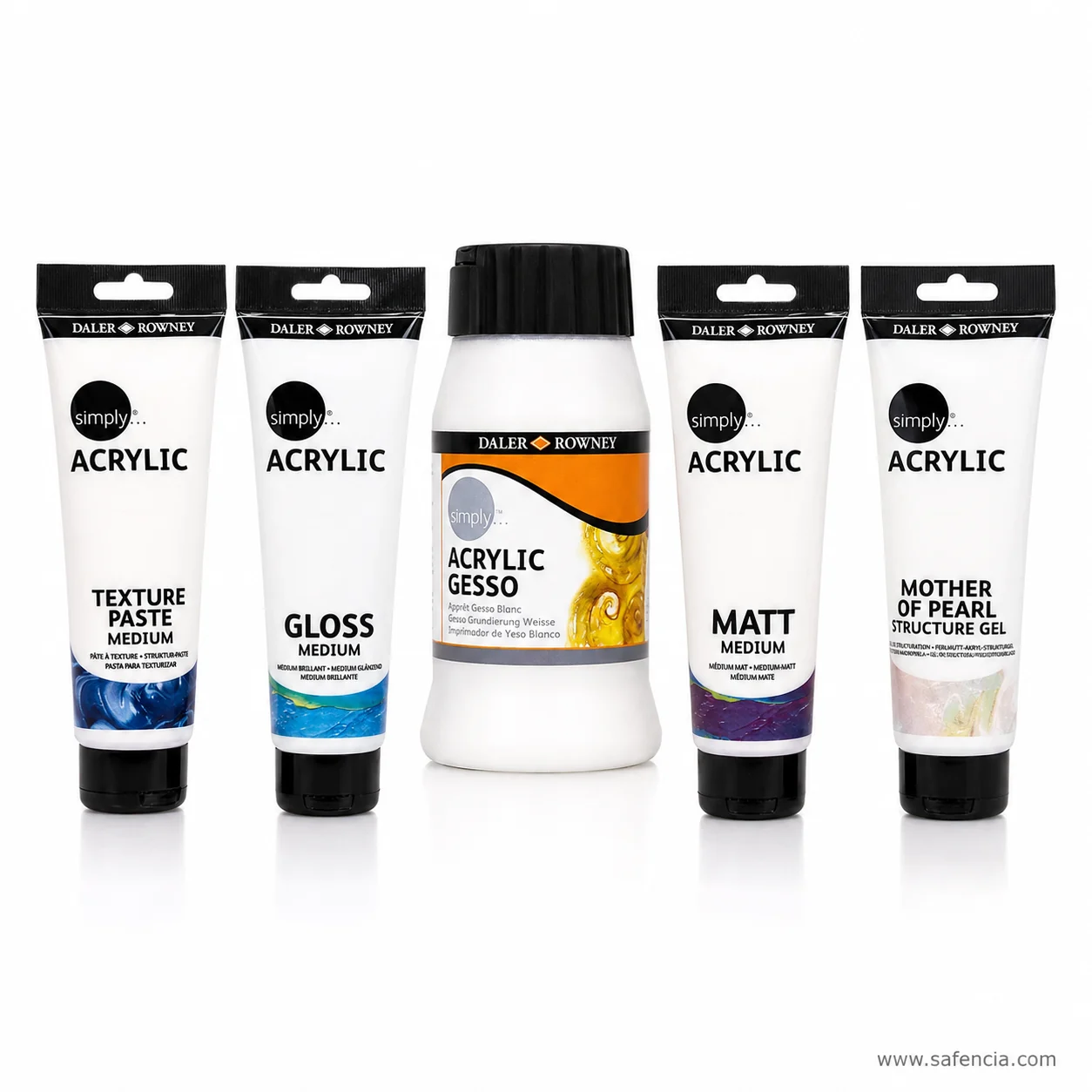 Daler-Rowney Simply acrylic gesso bottle standing among the four medium tubes